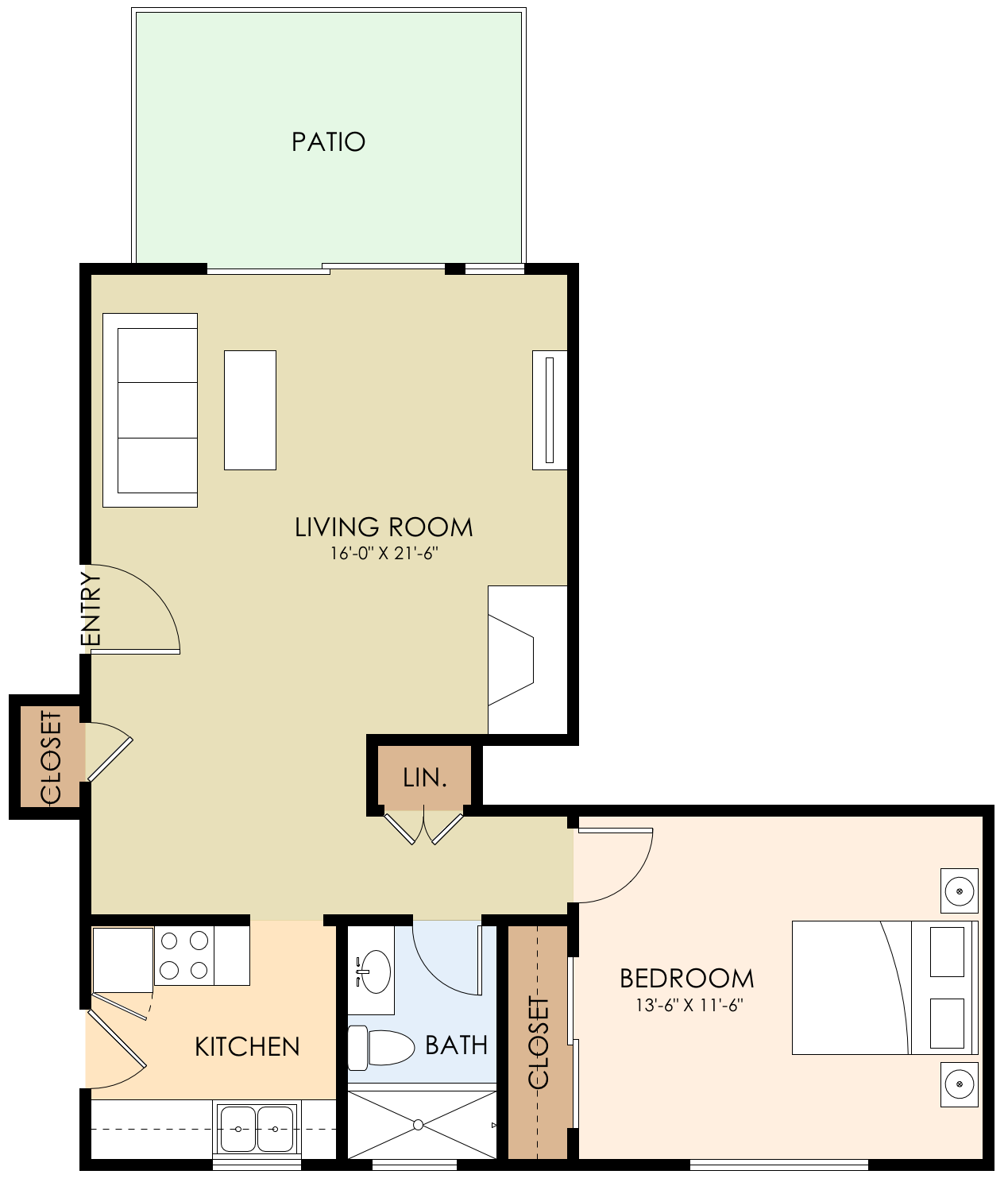 Floor plan for 1 bed, 1 bath, 635 sqft